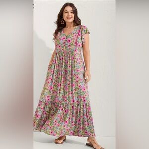 NWT Sweet Lace  Floral Ruffle Sleeve V-Neck maxi dress size 18/20 2X 🌹BC BAG 02